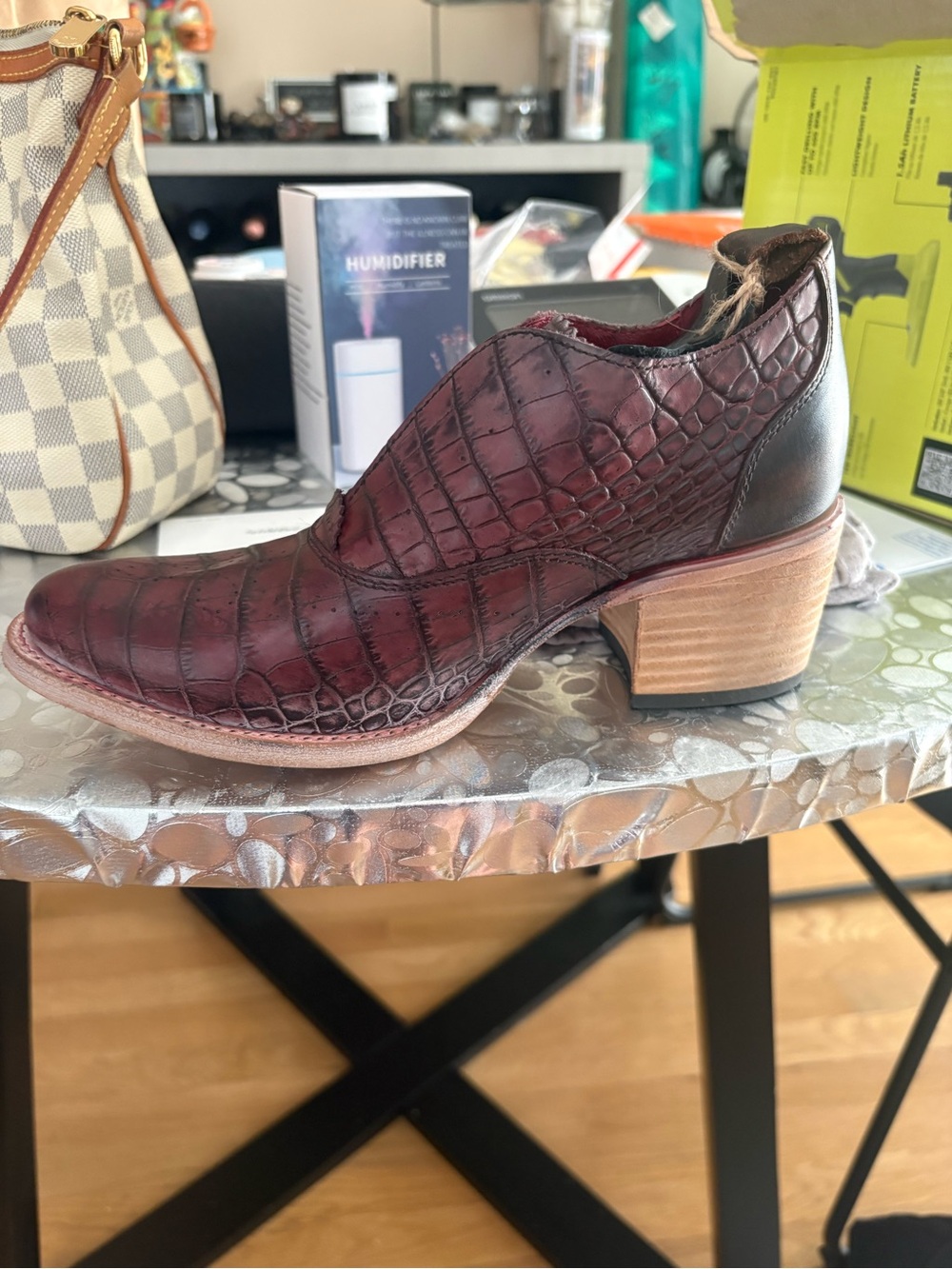 Freebird by Steven Sadie Wine Croc Leather Ankle Bootie Stacked Heel